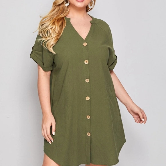 SHEIN Dresses & Skirts - SHEIN Curve Notched Neck Button Front Rolle Tab Sleeve Dress 100% Cotton - 2XL